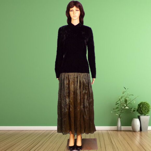 JAN BARBOGLIO size 6 black/green 2-part fit/flare long-sleeve maxi dress - Picture 1 of 11
